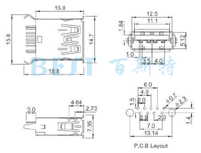USB插座USB-A-08 3.0參考圖紙 USB插座USB-A-08 3.0參考圖紙